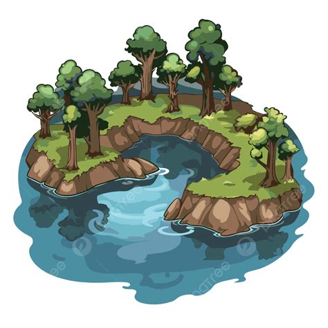 Pulau Kartun Clipart Danau Transparan Yang Penuh Dengan Pepohonan Dan Air Vektor Danau