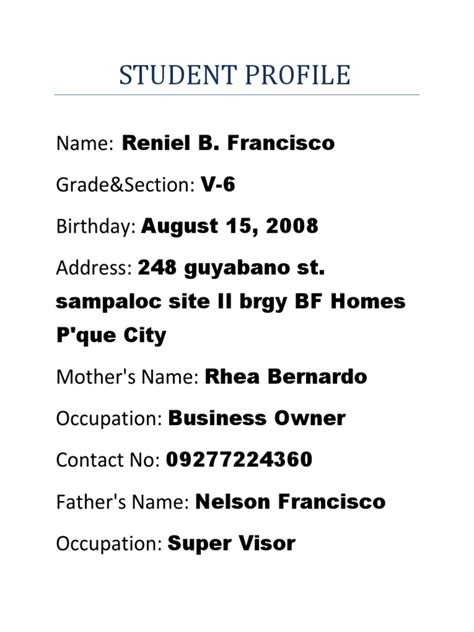 Student Profile Name Gradeandsection Birthday Address Pdf