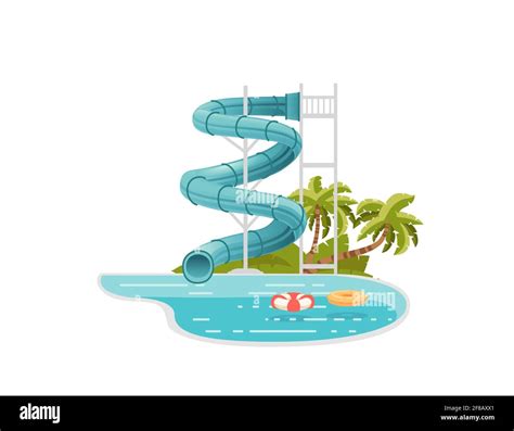 Waterpark Illustration With Colored Plastic Screw Slides And Pool With