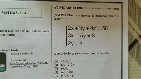 SAEPE Observe o sistema de equações lineares a seguir A solução