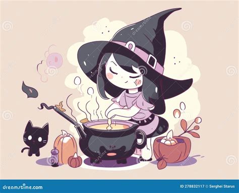 A Cartoon Witch Stirring Up A Pot Of Soup Generative Ai Image Stock