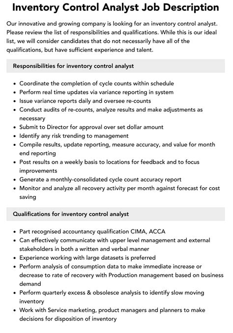 Inventory Control Analyst Job Description Velvet Jobs