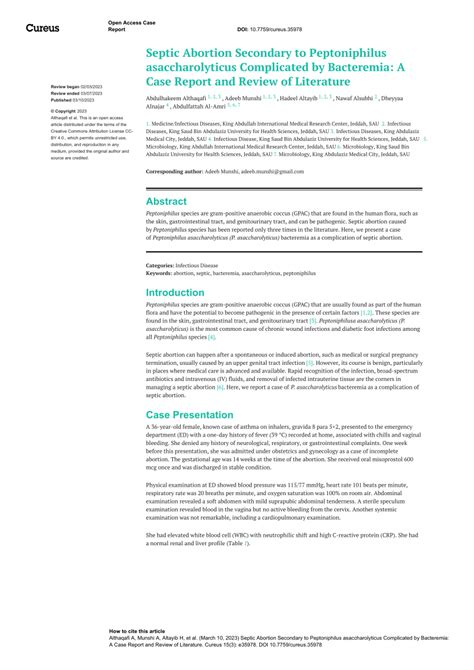 (PDF) Septic Abortion Secondary to Peptoniphilus asaccharolyticus Complicated by Bacteremia: A ...