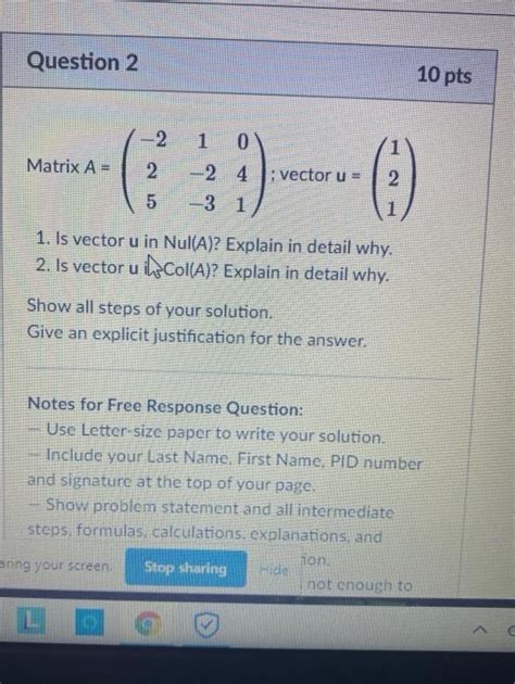 Solved Question 2 10 Pts 2 0 Matrix A 2 24 Vector U 2 5