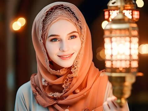 Premium Photo Smiling Beautiful Muslim Woman In Hijab With Lantern At