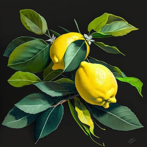 Una pintura de dos limones en una rama con hojas y las palabras limón