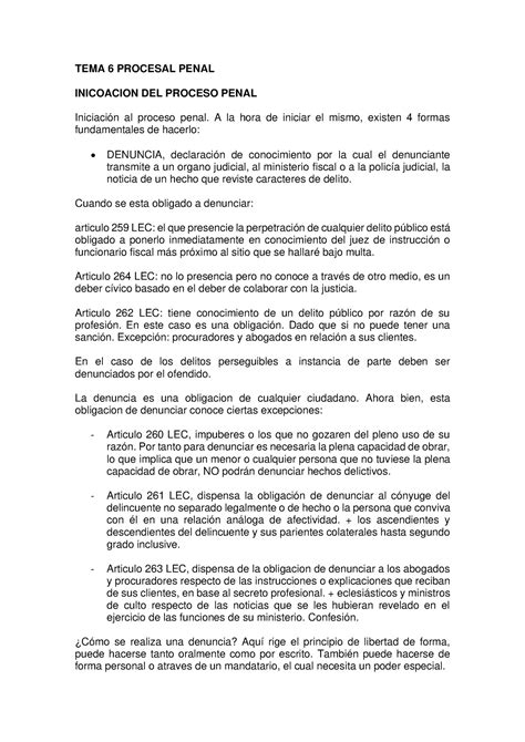 Tema 6 Proce Penal TEMA 6 PROCESAL PENAL INICOACION DEL PROCESO PENAL