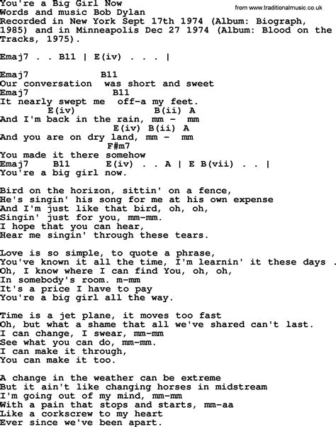 Bob Dylan song - You're a Big Girl Now, lyrics and chords