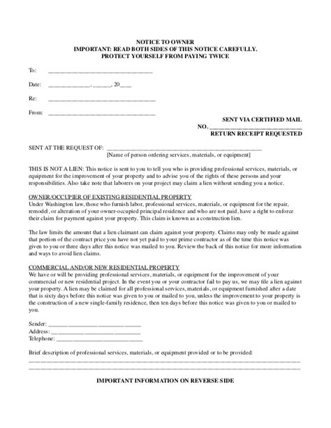 Washington Notice To Owner Form Download Levelset