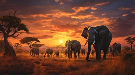 Premium Photo | Herd of elephants in the savanna at sunset