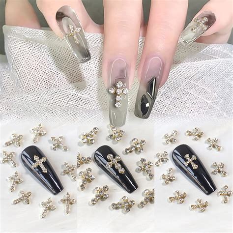 10pcs 3d Alloy Cross Nail Art Decorations Crystal Decors Gold Silver