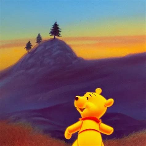 Winnie The Pooh Standing On A Hill With Sunset In Stable Diffusion