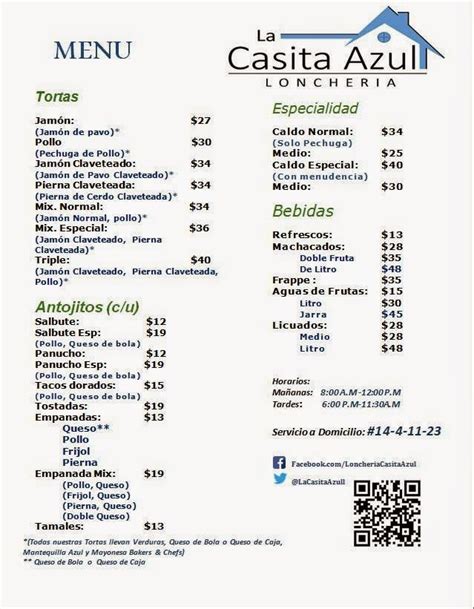 La Casita Azul Menu