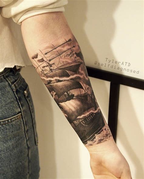 Realistic Black And Grey Ship Forearm Tattoo