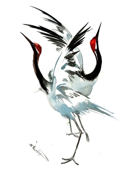 Dancing Japanese Cranes Watercolour By Suren Nersisyan