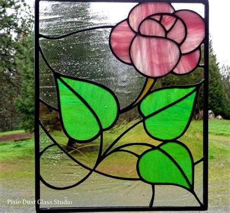 Stained Glass Panel Art Nouveau Pink Rose Suncatcher Wall Hanging