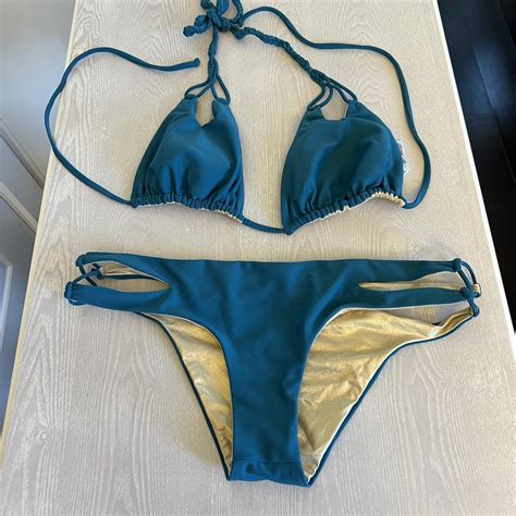 Luli Fama Bikini Set Reversible Turquoise And Gold Top Depop