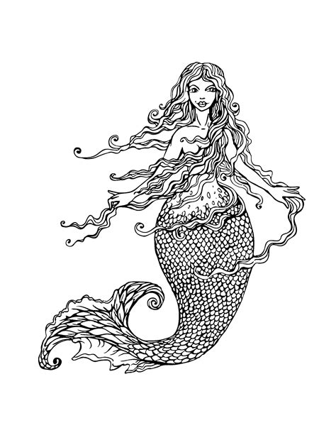 Mermaid with long hair by lian -2011 - Mermaids Adult Coloring Pages