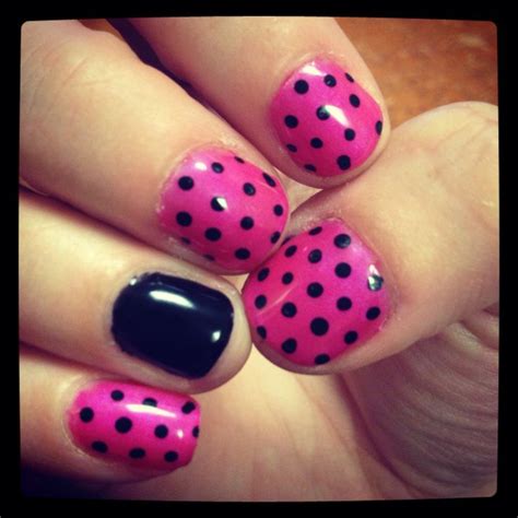 Pink n black polka dot nails- Like this but solid pink and then one ...