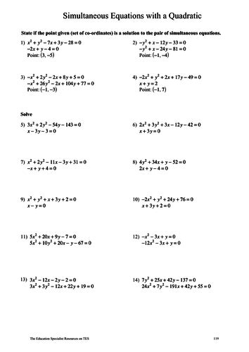 Gcse Maths Revision Simultaneous Equations With A Quadratic Teaching