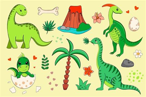 Conjunto De Lindo Caricatura Vector Dinosaurios Vector Premium