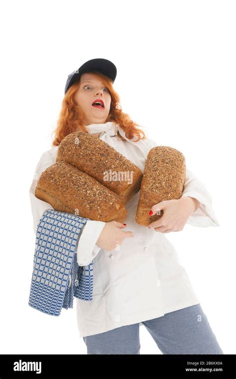 Female Baker Chef With Red Hair And Baked Bread Isolated Over White