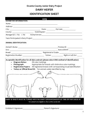 Fillable Online DAIRY HEIFER IDENTIFICATION SHEET Fax Email Print