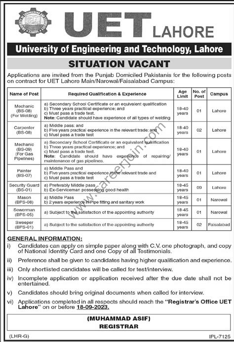 University Of Engineering Technology Uet Lahore Jobs September