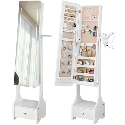 Luxfurni Led Light Jewelry Cabinet Standing Full Screen Mirror Makeup Lockable Armoire Large