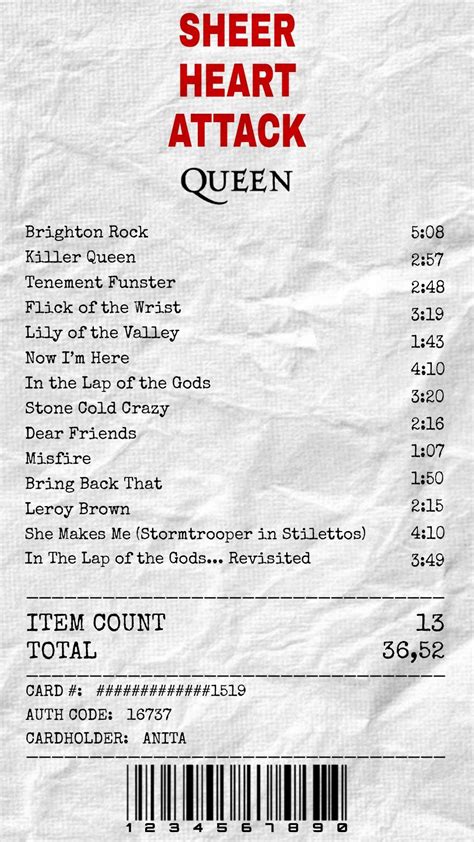 Queen Receipt Aesthetic Queen Band Shees Heart Attack Album