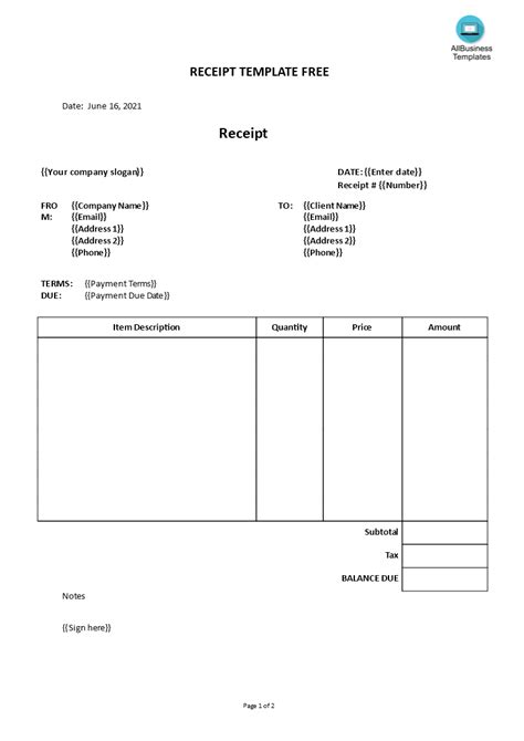 receipt template  templates  allbusinesstemplatescom