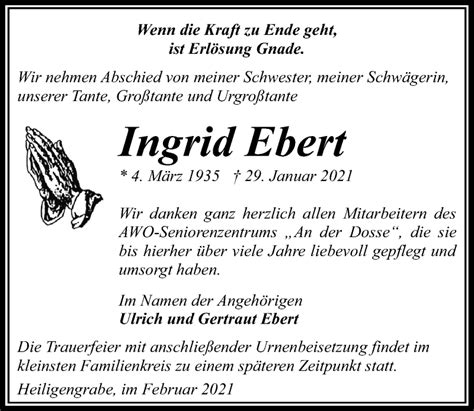 Traueranzeigen Von Ingrid Ebert Trauer Anzeigen De