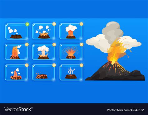 Volcanic eruption stages set steaming volcano Vector Image