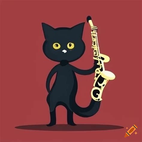 Minimalistic Cartoon Of A Black Cat Playing Saxophone On Craiyon