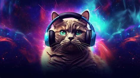 Premium Ai Image A Cat With Headphones On And A Purple Background Of Stars