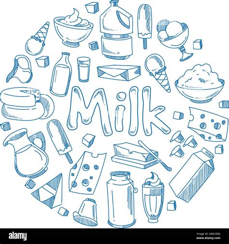 Sketch Milk Products Farm Breakfast Vector Concept With Doodle Dairy