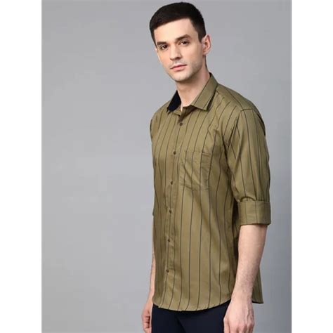 Stripes Men Olive Green Giza Cotton Semi Slim Fit Striped Smart Casual