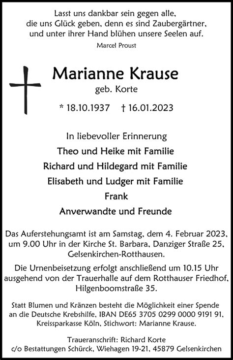 Traueranzeigen Von Marianne Krause Trauer In Nrw De