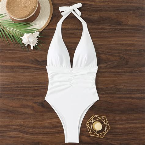 ECHFIPROM Womens Thong One Piece Swimsuits Halter High Cut White Tummy