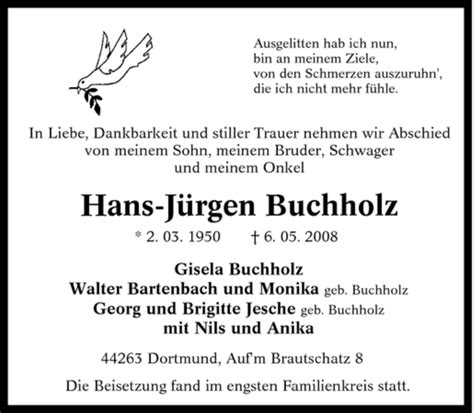 Traueranzeigen Von Hans J Rgen Buchholz Trauer In Nrw De