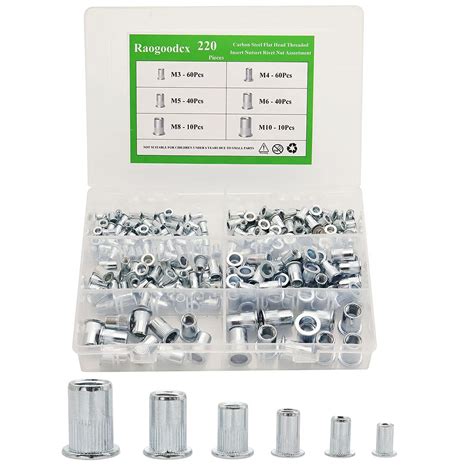 220pcs Rivet Nut Assort Set Flat Head Threaded Rivetnut Insert Nutserts