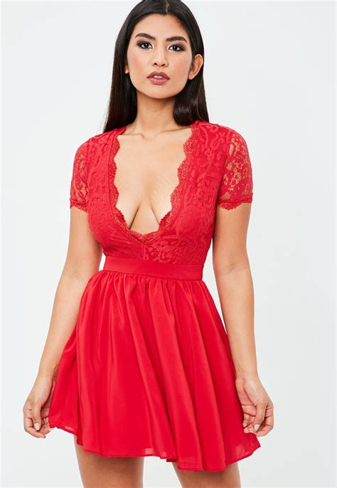 Missguided Red Lace Plunge Skater Dress Lyst