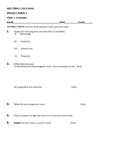 Form Term Mid Term Exams With Marking Schemes Set Elimu