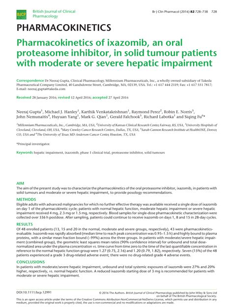 PDF Pharmacokinetics Of Ixazomib An Oral Proteasome Inhibitor In