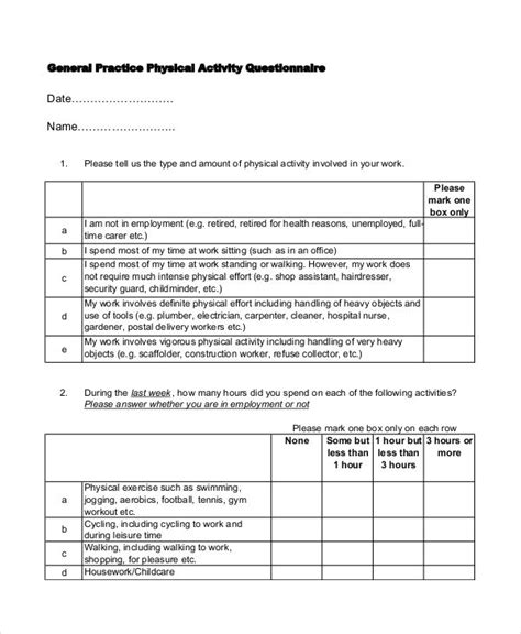 Physical Activity Questionnaire 8 Examples Pdf