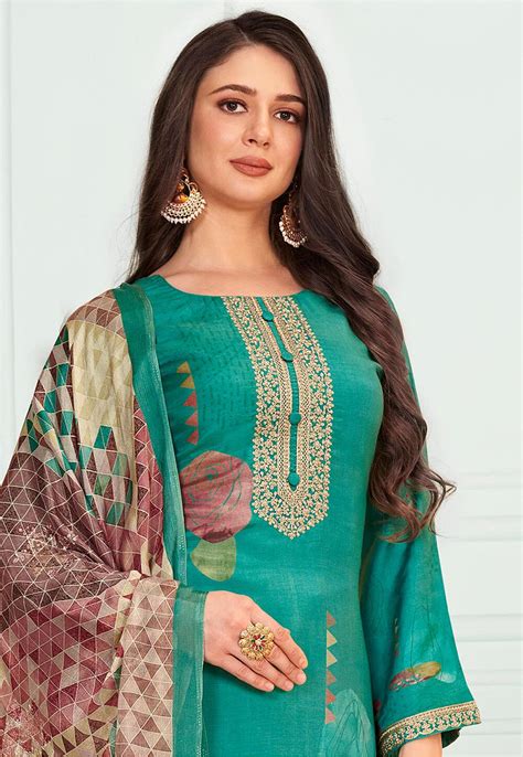 Embroidered Muslin Silk Pakistani Suit In Turquoise KPV1503