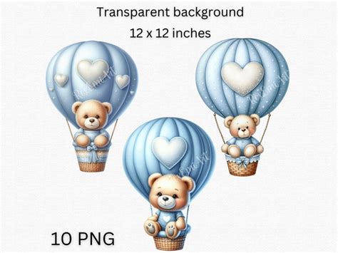 Adorable Teddy Bear Hot Air Balloon Clipart Cute Digital PNG Bundle Set Of Transparent