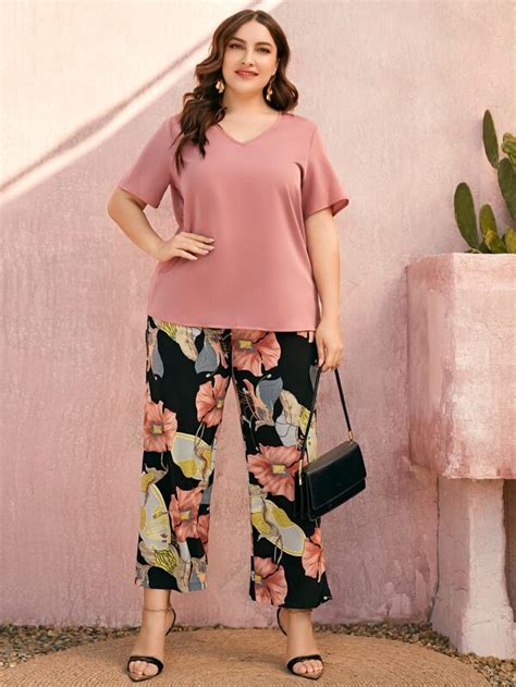 Shein Lune Plus Solid Top And Floral Print Wide Leg Pants Shein Usa