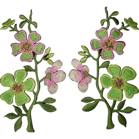 Pair Of Pink Green Flower Patches Iron On Sew On Flowers Embroidered P