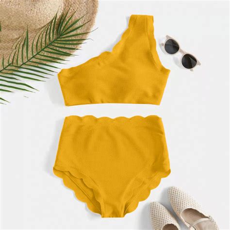 Idall Bikini Setsbathing Suit One Shoulder Bikini Set For Women Scalloped Trim Swismuit High